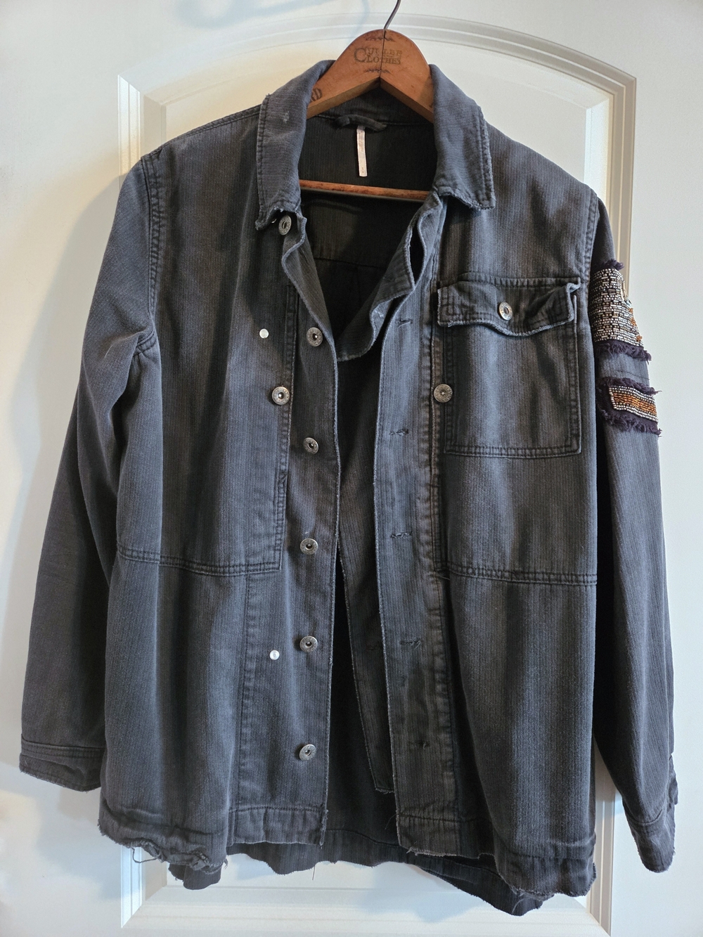 Free People Embellished Military Shirt Jacket Black Charcoal S OB504483